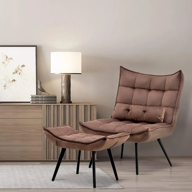 Mcombo Poltrona con Pouf, Poltrona Wingback Trapuntata in Velluto, Sedie Imbottite con Gambe in Metallo per Camera da Letto Soggiorno 4079