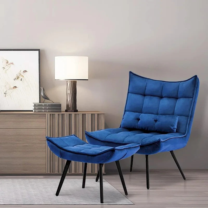 Mcombo Poltrona con Pouf, Poltrona Wingback Trapuntata in Velluto, Sedie Imbottite con Gambe in Metallo per Camera da Letto Soggiorno 4079