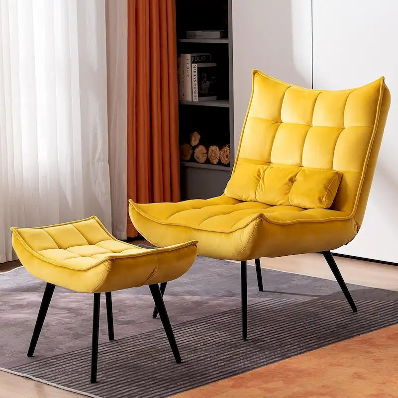 Mcombo Poltrona con Pouf, Poltrona Wingback Trapuntata in Velluto, Sedie Imbottite con Gambe in Metallo per Camera da Letto Soggiorno 4079