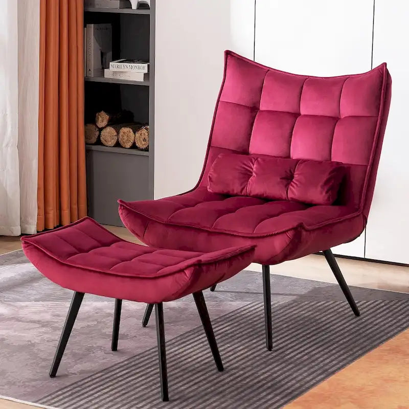 Mcombo Poltrona con Pouf, Poltrona Wingback Trapuntata in Velluto, Sedie Imbottite con Gambe in Metallo per Camera da Letto Soggiorno 4079