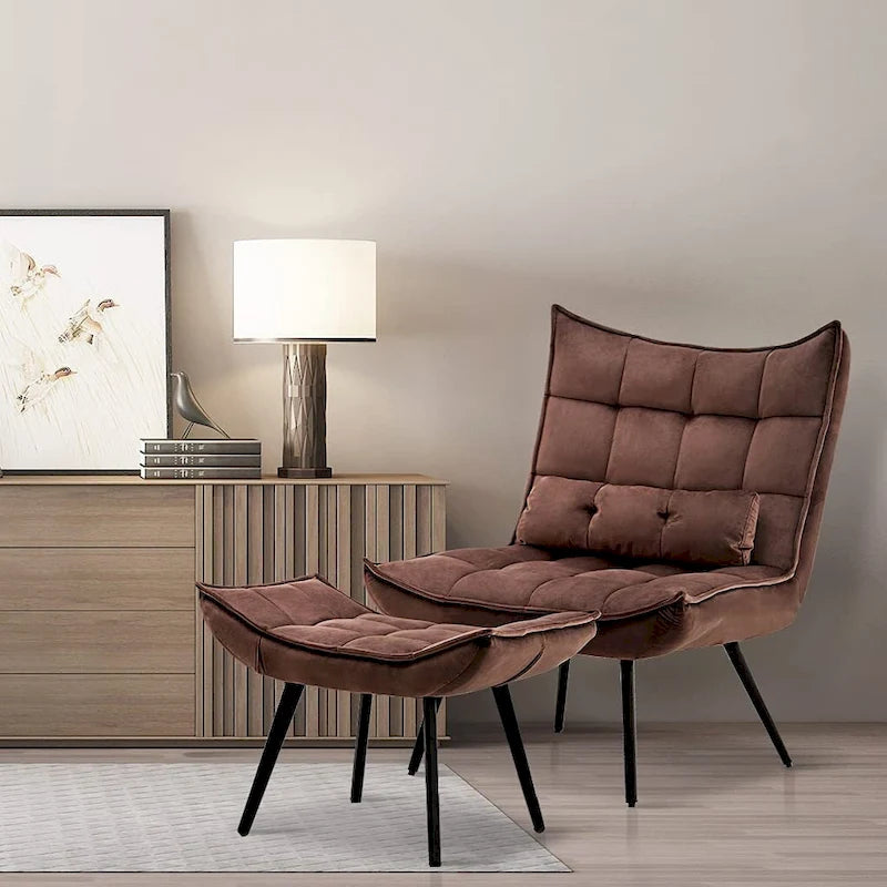 Mcombo Poltrona con Pouf, Poltrona Wingback Trapuntata in Velluto, Sedie Imbottite con Gambe in Metallo per Camera da Letto Soggiorno 4079