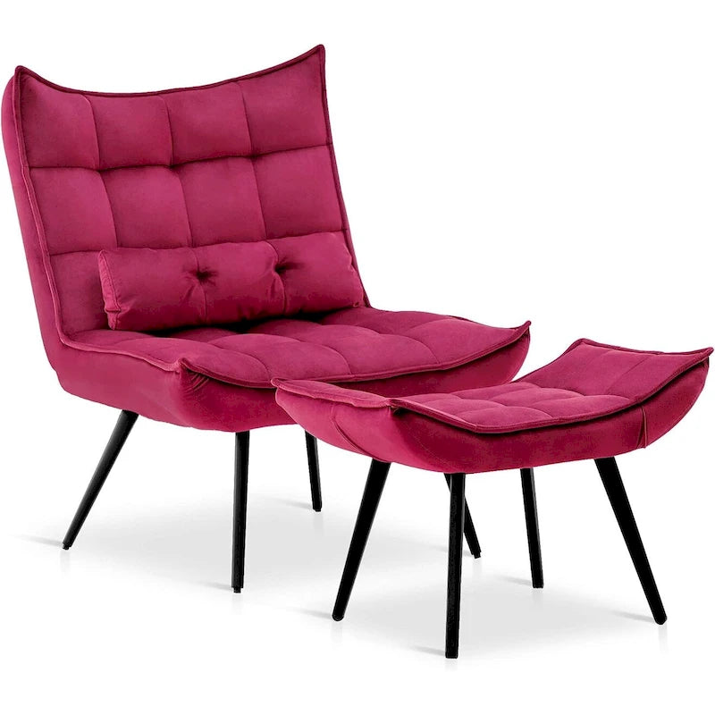 Mcombo Poltrona con Pouf, Poltrona Wingback Trapuntata in Velluto, Sedie Imbottite con Gambe in Metallo per Camera da Letto Soggiorno 4079