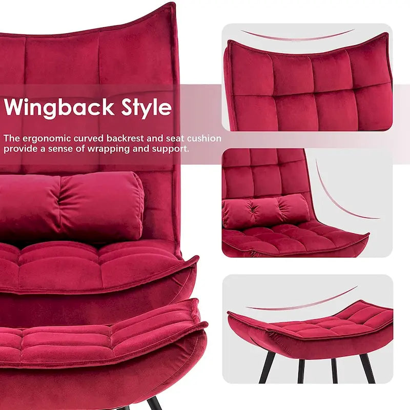 Mcombo Poltrona con Pouf, Poltrona Wingback Trapuntata in Velluto, Sedie Imbottite con Gambe in Metallo per Camera da Letto Soggiorno 4079
