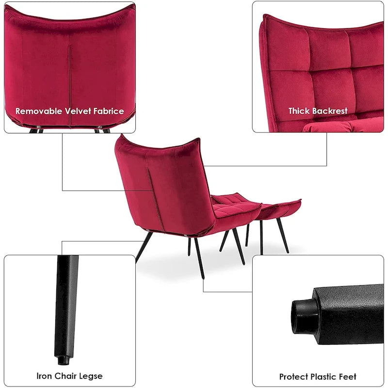 Mcombo Poltrona con Pouf, Poltrona Wingback Trapuntata in Velluto, Sedie Imbottite con Gambe in Metallo per Camera da Letto Soggiorno 4079