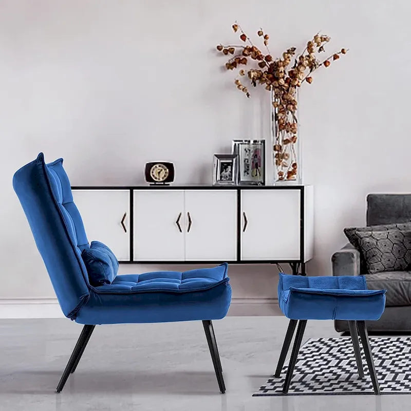 Mcombo Poltrona con Pouf, Poltrona Wingback Trapuntata in Velluto, Sedie Imbottite con Gambe in Metallo per Camera da Letto Soggiorno 4079