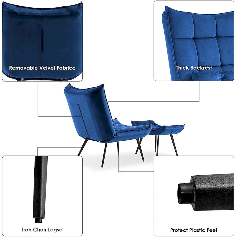 Mcombo Poltrona con Pouf, Poltrona Wingback Trapuntata in Velluto, Sedie Imbottite con Gambe in Metallo per Camera da Letto Soggiorno 4079