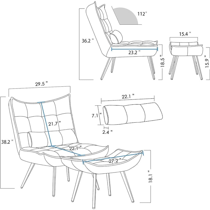 Mcombo Poltrona con Pouf, Poltrona Wingback Trapuntata in Velluto, Sedie Imbottite con Gambe in Metallo per Camera da Letto Soggiorno 4079