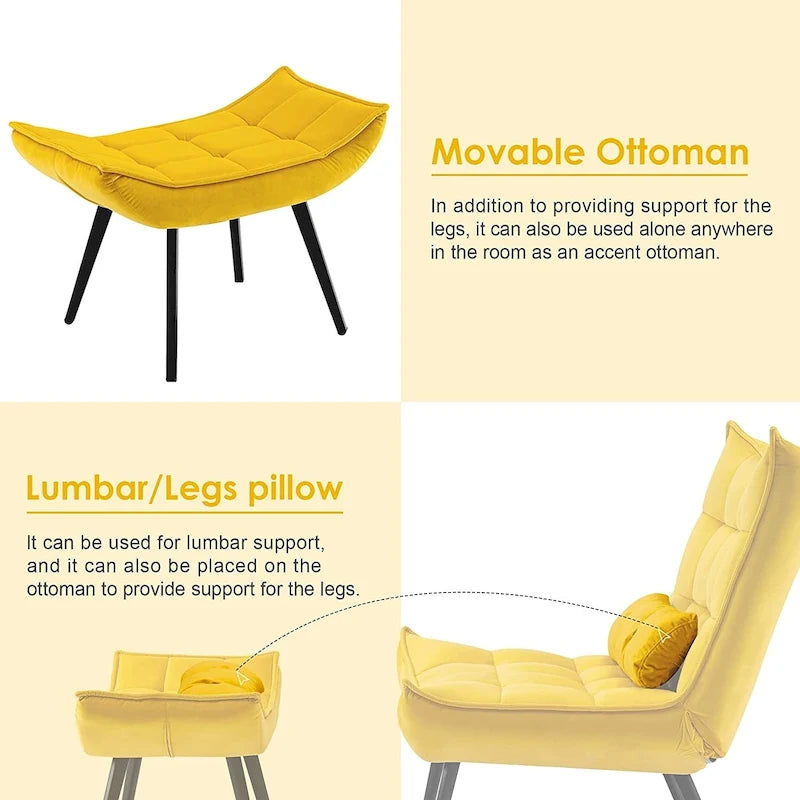Mcombo Poltrona con Pouf, Poltrona Wingback Trapuntata in Velluto, Sedie Imbottite con Gambe in Metallo per Camera da Letto Soggiorno 4079