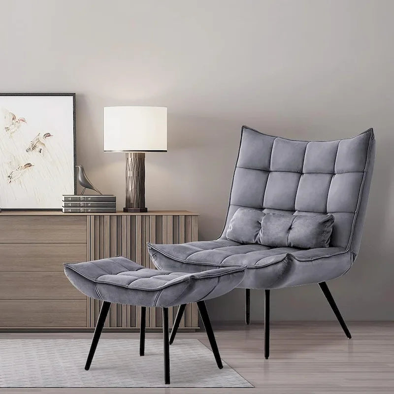 Mcombo Poltrona con Pouf, Poltrona Wingback Trapuntata in Velluto, Sedie Imbottite con Gambe in Metallo per Camera da Letto Soggiorno 4079