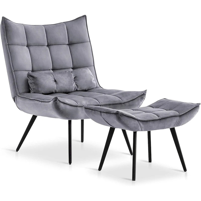 Mcombo Poltrona con Pouf, Poltrona Wingback Trapuntata in Velluto, Sedie Imbottite con Gambe in Metallo per Camera da Letto Soggiorno 4079