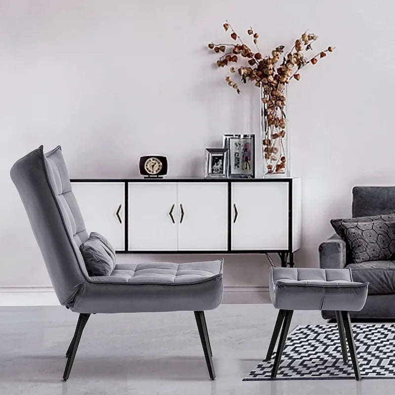 Mcombo Poltrona con Pouf, Poltrona Wingback Trapuntata in Velluto, Sedie Imbottite con Gambe in Metallo per Camera da Letto Soggiorno 4079