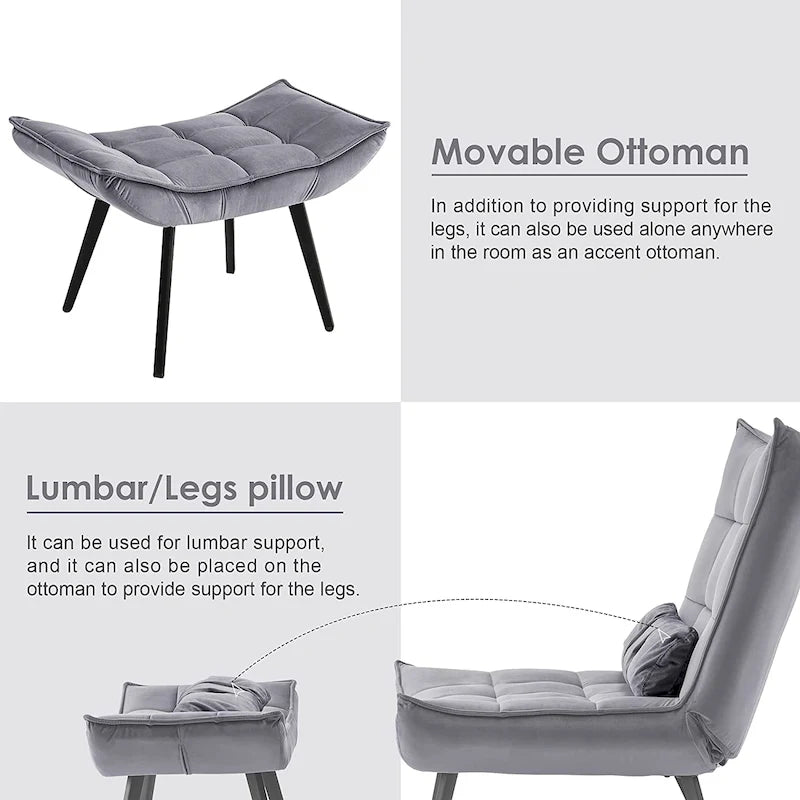 Mcombo Poltrona con Pouf, Poltrona Wingback Trapuntata in Velluto, Sedie Imbottite con Gambe in Metallo per Camera da Letto Soggiorno 4079