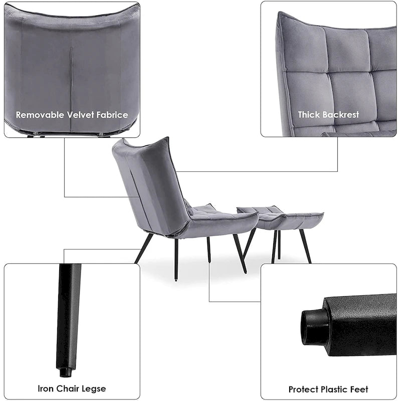 Mcombo Poltrona con Pouf, Poltrona Wingback Trapuntata in Velluto, Sedie Imbottite con Gambe in Metallo per Camera da Letto Soggiorno 4079