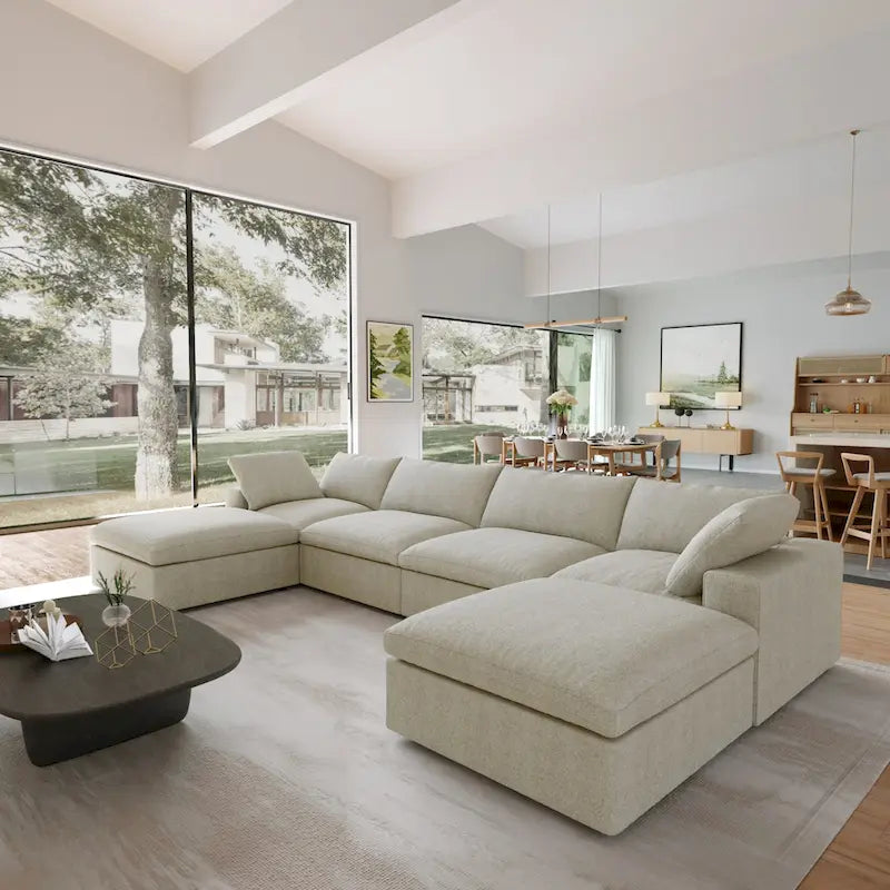 Divano componibile Cloud con 2 pouf contenitore, divano a U da 4 m imbottito in piuma per soggiorno