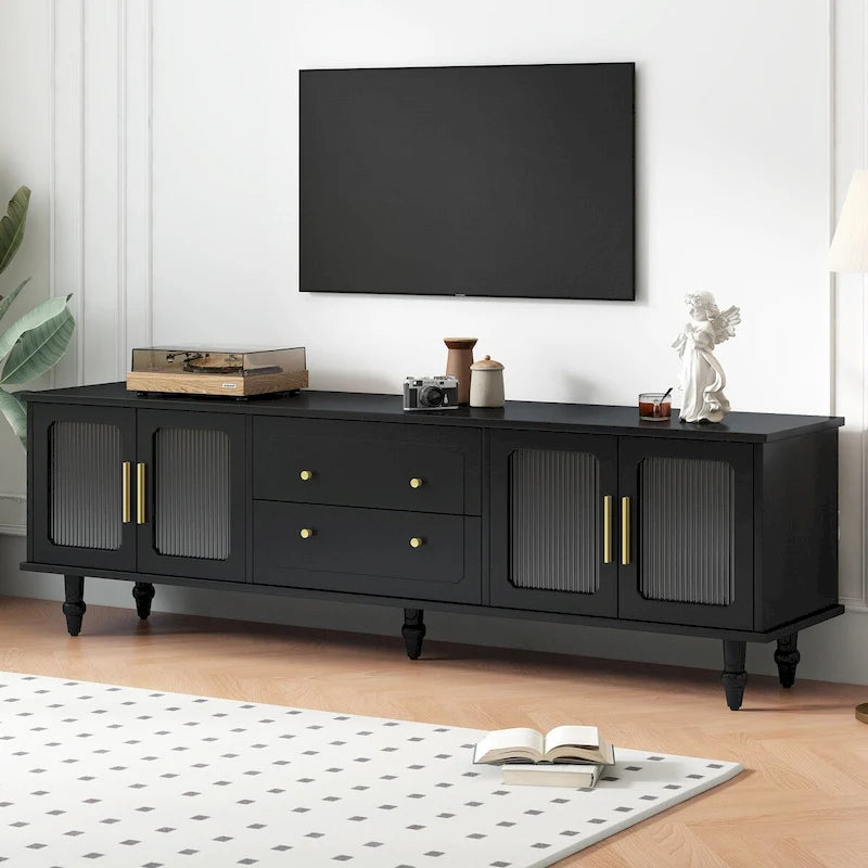 Mobile TV con Ante in Vetro Scanalato per TV Fino a 78 Pollici, Mobile Porta TV Pratico con 2 Cassetti e Armadietti, Centro di Intrattenimento
