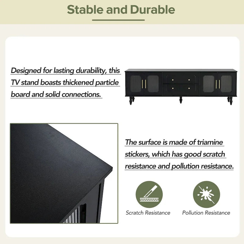 Mobile TV con Ante in Vetro Scanalato per TV Fino a 78 Pollici, Mobile Porta TV Pratico con 2 Cassetti e Armadietti, Centro di Intrattenimento
