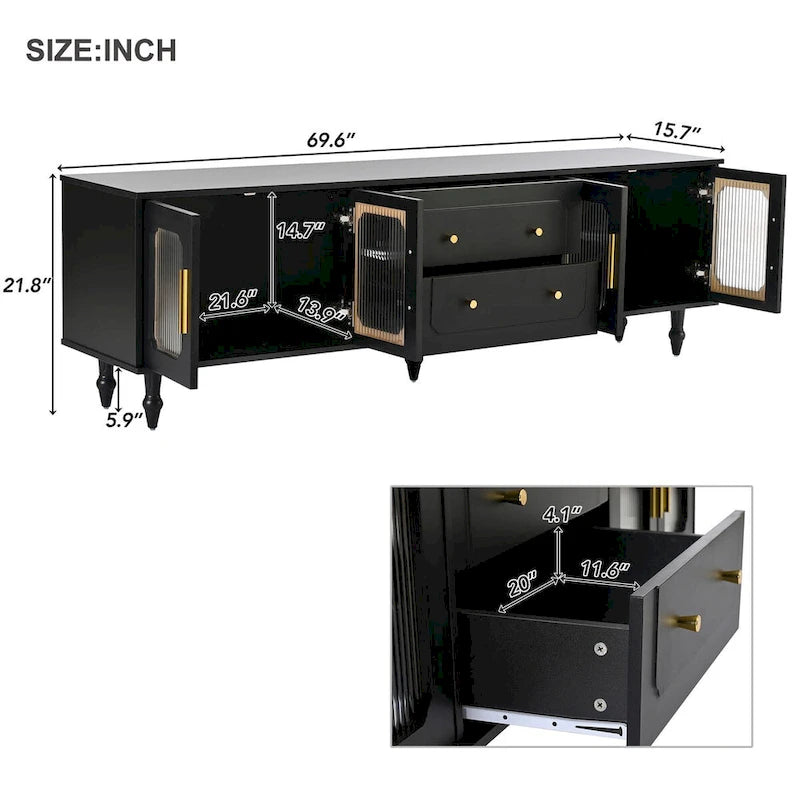 Mobile TV con Ante in Vetro Scanalato per TV Fino a 78 Pollici, Mobile Porta TV Pratico con 2 Cassetti e Armadietti, Centro di Intrattenimento