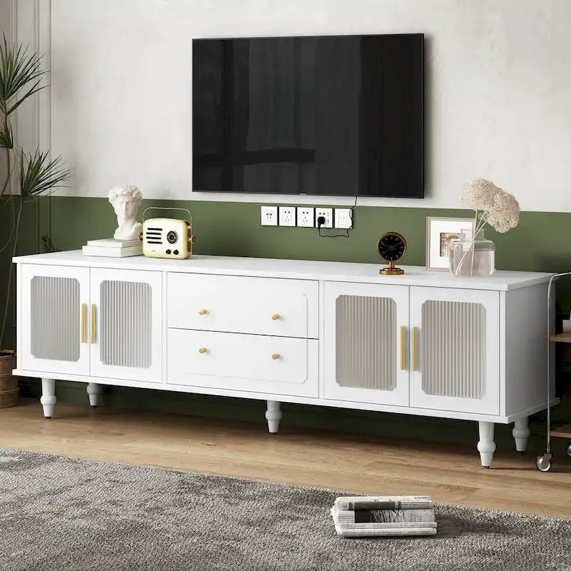 Mobile TV con Ante in Vetro Scanalato per TV Fino a 78 Pollici, Mobile Porta TV Pratico con 2 Cassetti e Armadietti, Centro di Intrattenimento