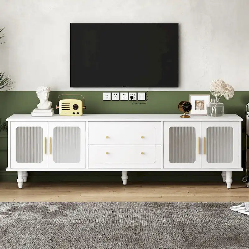 Mobile TV con Ante in Vetro Scanalato per TV Fino a 78 Pollici, Mobile Porta TV Pratico con 2 Cassetti e Armadietti, Centro di Intrattenimento