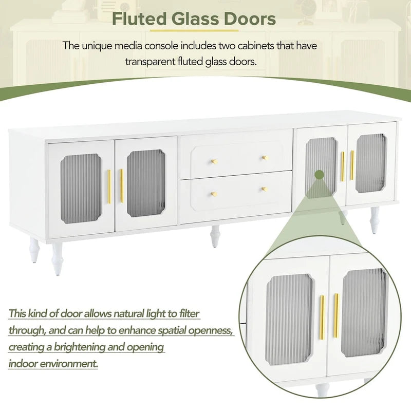 Mobile TV con Ante in Vetro Scanalato per TV Fino a 78 Pollici, Mobile Porta TV Pratico con 2 Cassetti e Armadietti, Centro di Intrattenimento