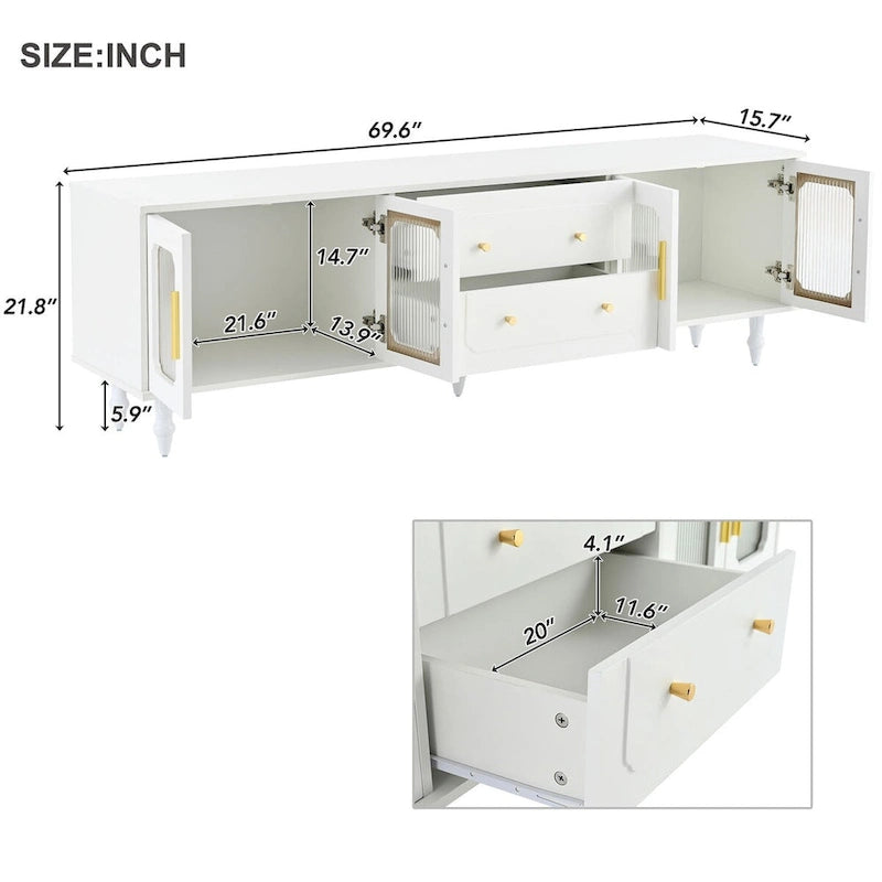 Mobile TV con Ante in Vetro Scanalato per TV Fino a 78 Pollici, Mobile Porta TV Pratico con 2 Cassetti e Armadietti, Centro di Intrattenimento