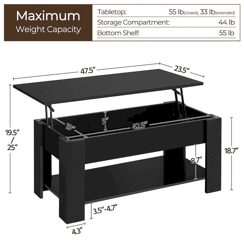 Table basse relevable Yaheetech 47,5", Compartiment caché/Étagère ouverte