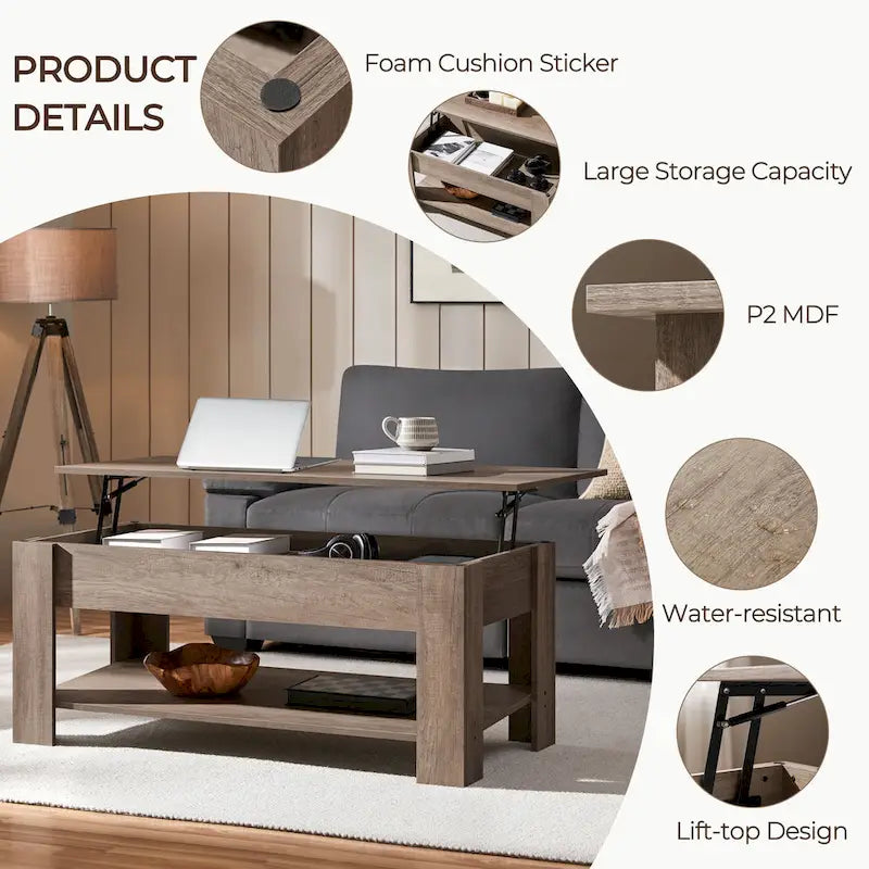 Table basse relevable Yaheetech 47,5", Compartiment caché/Étagère ouverte