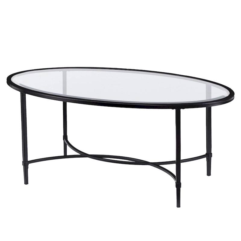 HomeRoots Tavolino da Caffè Ovale in Vetro Trasparente e Nero e Metallo 45 - 19 H x 45 L x 25 P