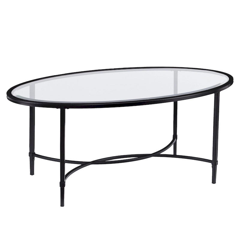 HomeRoots Tavolino da Caffè Ovale in Vetro Trasparente e Nero e Metallo 45 - 19 H x 45 L x 25 P