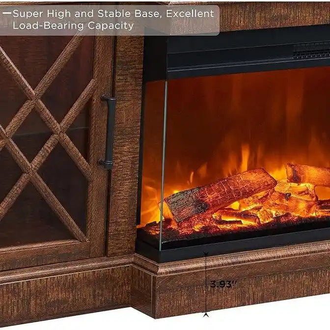 Meuble TV avec cheminée électrique 3 faces de style rustique, Centre de divertissement