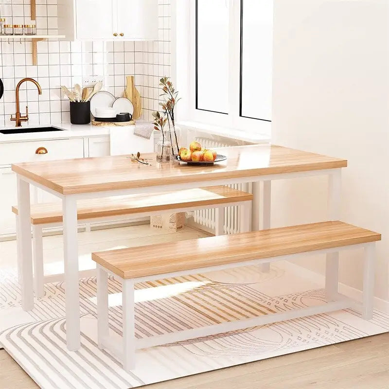 Ensemble de salle à manger charmant et de style simple avec une table et deux bancs, avec patins de protection, pour la cuisine et la salle à manger