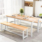 Affascinante set da pranzo in stile semplice con un tavolo e due panche, con piedini, per cucina, sala da pranzo