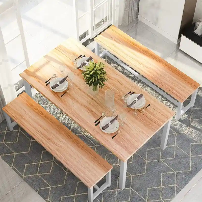Affascinante set da pranzo in stile semplice con un tavolo e due panche, con piedini, per cucina, sala da pranzo