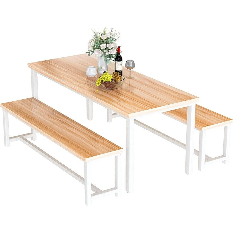 Affascinante set da pranzo in stile semplice con un tavolo e due panche, con piedini, per cucina, sala da pranzo