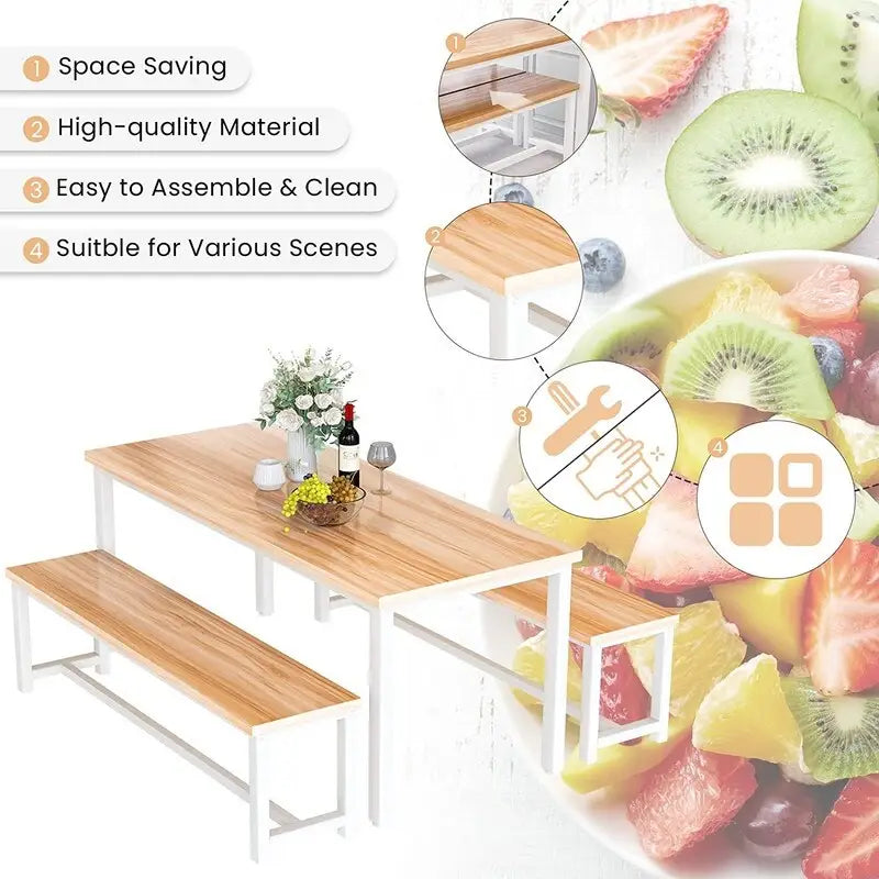 Affascinante set da pranzo in stile semplice con un tavolo e due panche, con piedini, per cucina, sala da pranzo