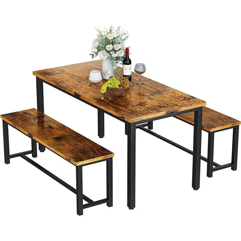 Affascinante set da pranzo in stile semplice con un tavolo e due panche, con piedini, per cucina, sala da pranzo