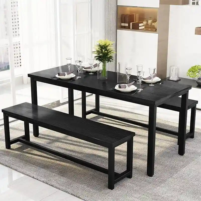 Affascinante set da pranzo in stile semplice con un tavolo e due panche, con piedini, per cucina, sala da pranzo