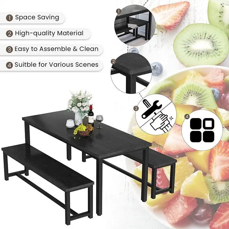 Affascinante set da pranzo in stile semplice con un tavolo e due panche, con piedini, per cucina, sala da pranzo