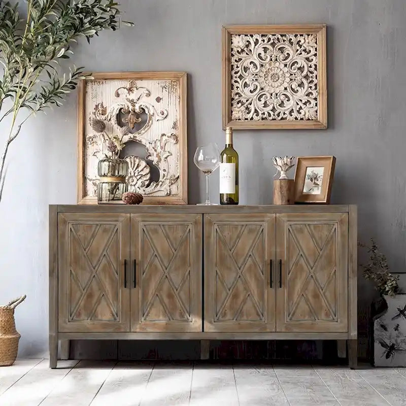 Madia in Legno a 4 Ante con Tessitura Spigata, Mobiletto Vintage American Country