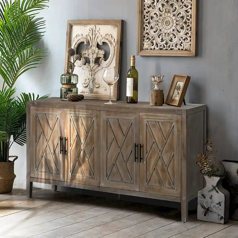 Madia in Legno a 4 Ante con Tessitura Spigata, Mobiletto Vintage American Country