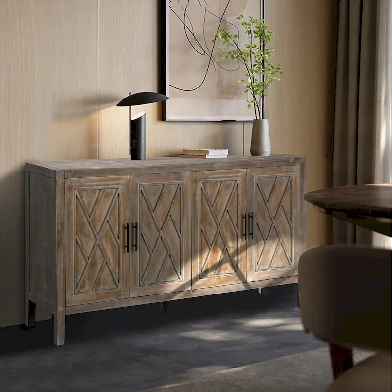 Madia in Legno a 4 Ante con Tessitura Spigata, Mobiletto Vintage American Country