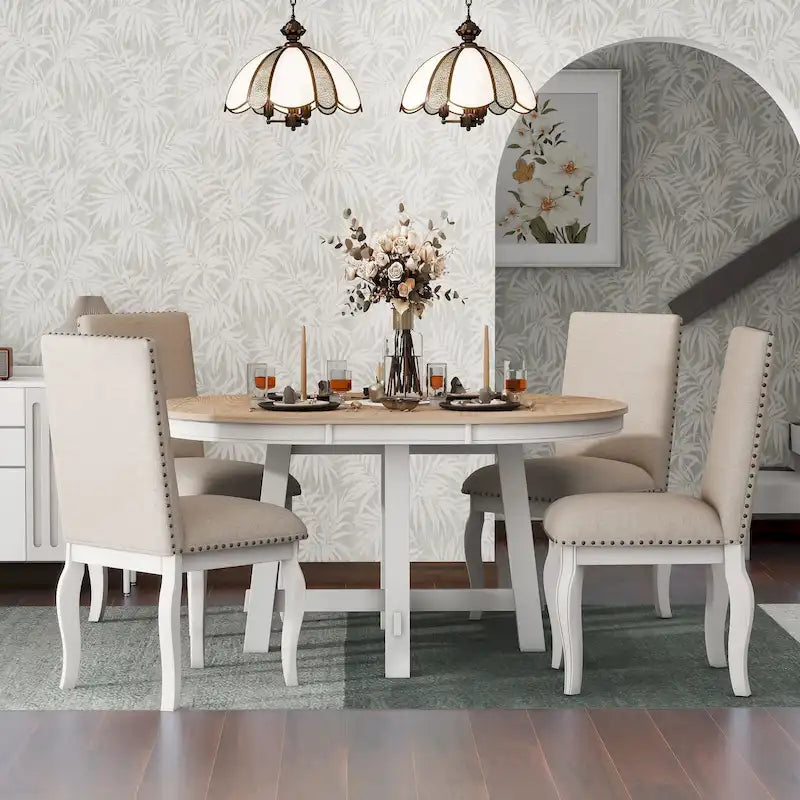 Ensemble de table à manger de ferme 5 pièces avec table ronde extensible en bois et 4 chaises de salle à manger rembourrées