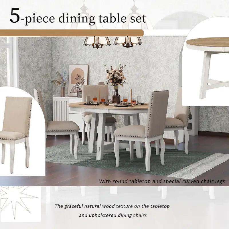 Set da pranzo da 5 pezzi in stile rustico con tavolo rotondo allungabile in legno e 4 sedie da pranzo imbottite