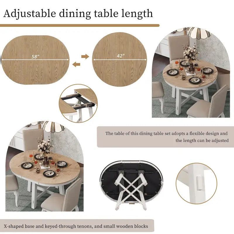 Set da pranzo da 5 pezzi in stile rustico con tavolo rotondo allungabile in legno e 4 sedie da pranzo imbottite