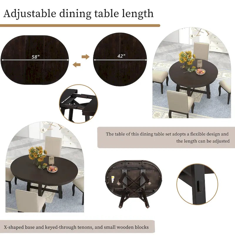 Set da pranzo da 5 pezzi in stile rustico con tavolo rotondo allungabile in legno e 4 sedie da pranzo imbottite