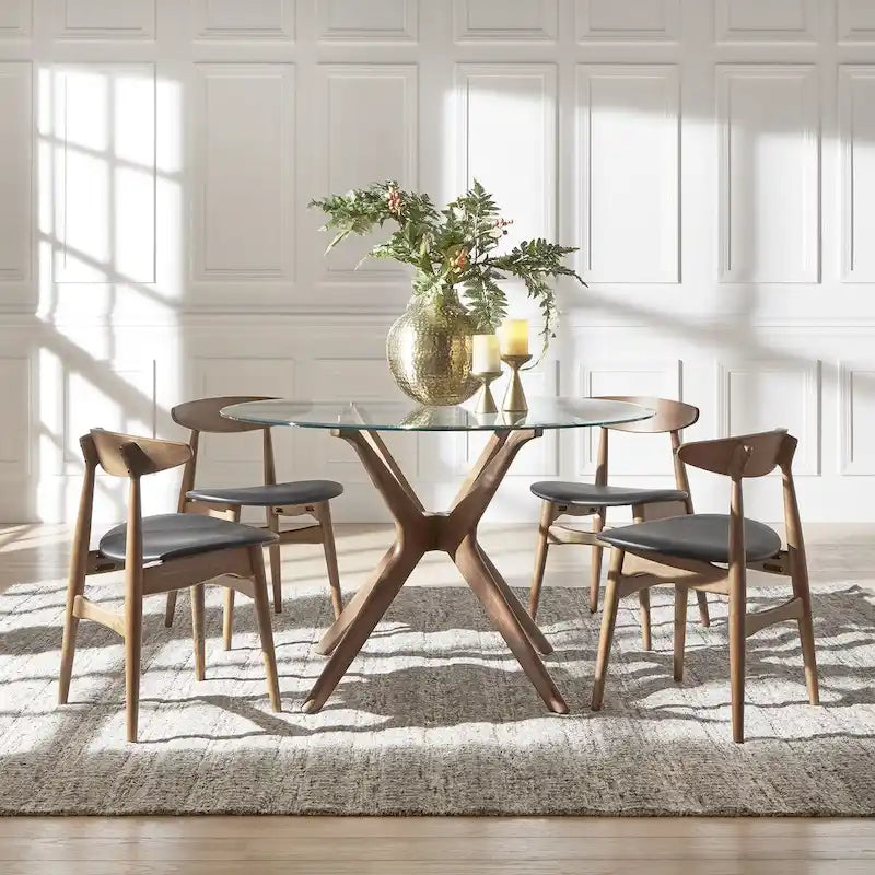 Nadine Dark Walnut Finish Glass Table Top Round Dining Set - Curved Back Chairs by iNSPIRE Q Modern