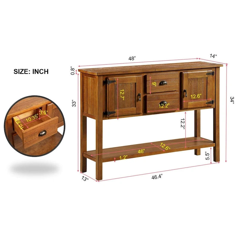 Nestfair 48 Tavolo Consolle Credenza in Legno Massello con 2 Cassetti e Ante e Ripiano Inferiore - N/D