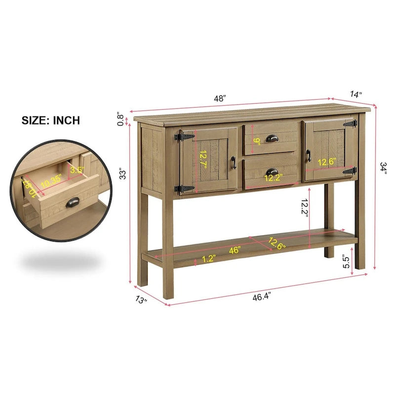 Nestfair 48 Tavolo Consolle Credenza in Legno Massello con 2 Cassetti e Ante e Ripiano Inferiore - N/D