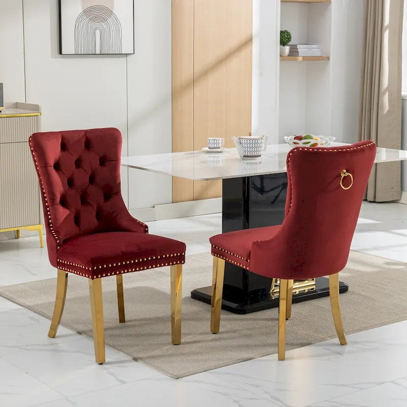 Set di 2 sedie da pranzo in velluto con borchie e gambe placcate oro