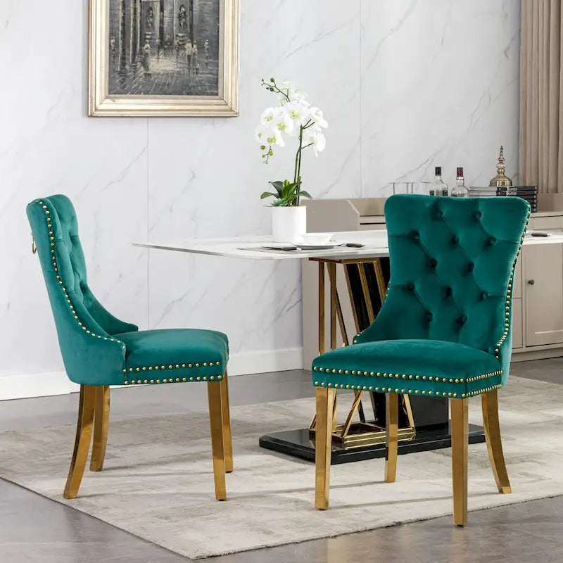 Lot de 2 chaises de salle à manger en velours avec clous décoratifs et pieds plaqués or